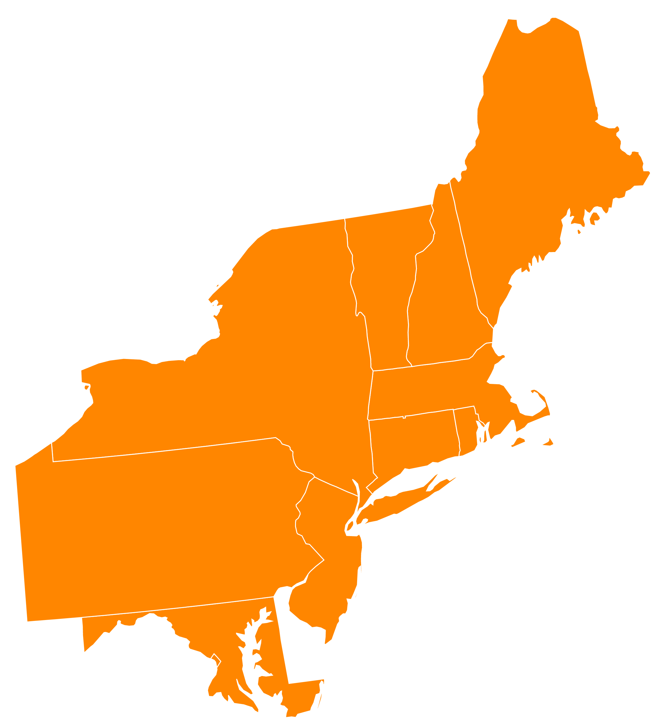 Map showing service area of Maine, New Hampshire, Vermont, Massachusetts, Rhode Island, Connecticut, New York, Pennsylvania, New Jersey, and Maryland