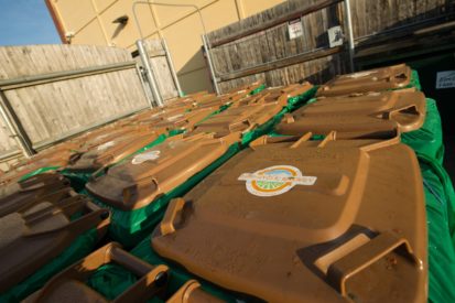 A collection of Agri-Cycle toter bins uses in our food waste collection service.